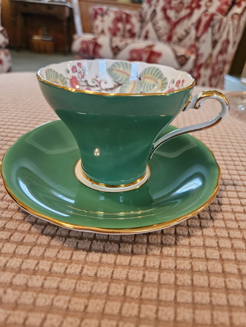Green and Gold Trim English Bone China Teacup & Saucer